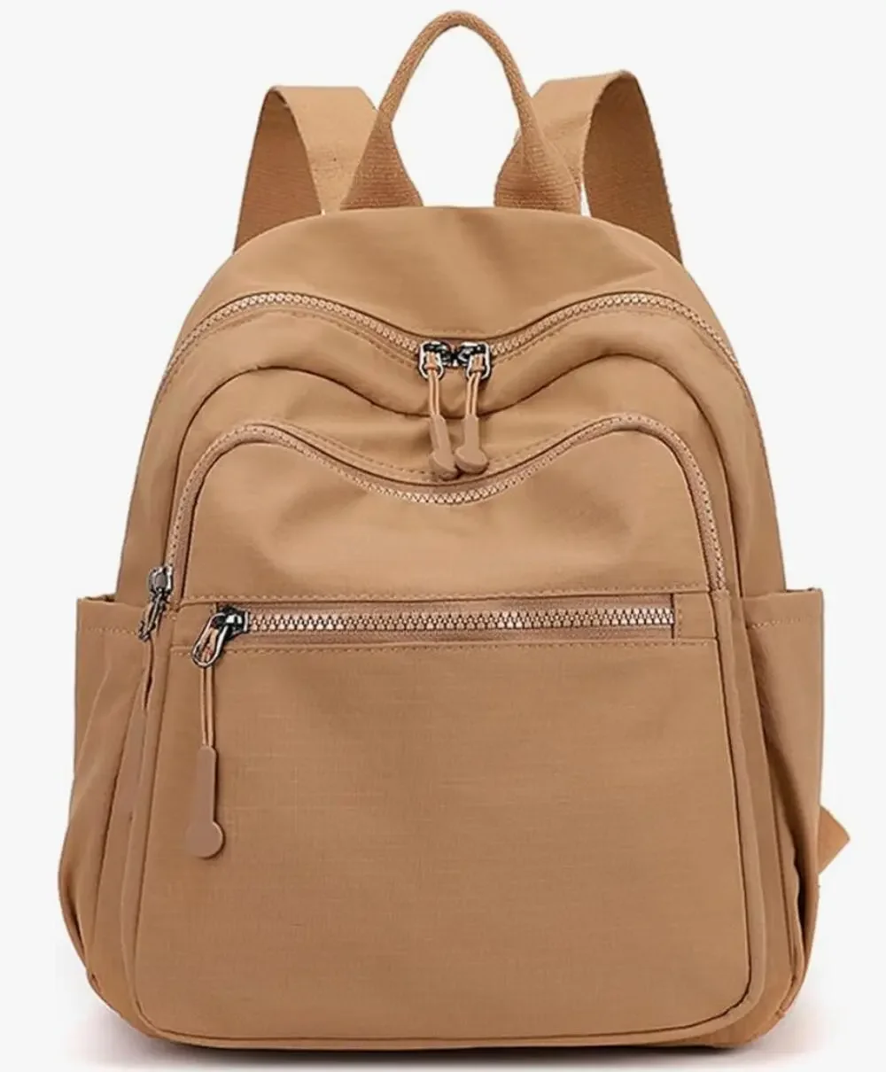 Mini Lightweight Waterproof Nylon Women Backpack Purse with Multi-Pockets- Camel